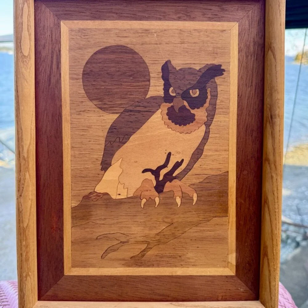 Vintage Wood Marquetry Owl Wall Art - Picture 2 of 9